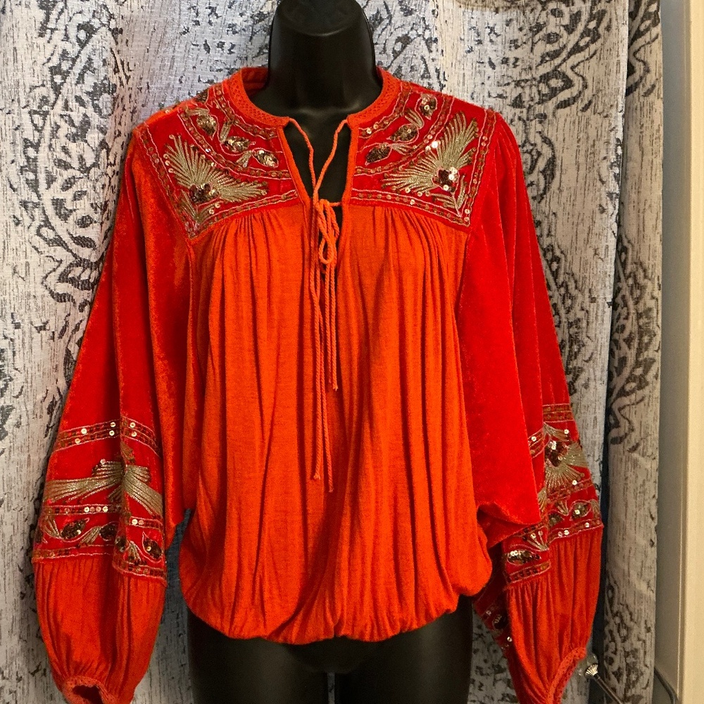 Free People Embroidered Red Velvet Peasant Blouse